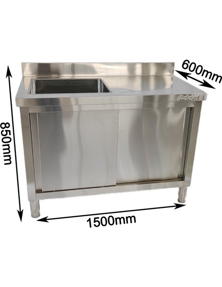 Commercial Stainless Steel Sink with Cupboard &amp Splashback 1 Bowl Left Side 1500x600x850mm | Stalwart DA-QNH1006
