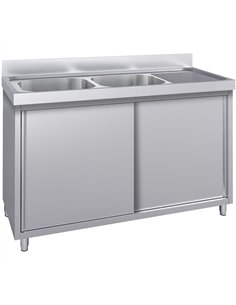 Commercial Stainless Steel Sink with Cupboard &amp Splashback 2 Bowls Left Side 1500x600x850mm | Stalwart DA-QNH1008