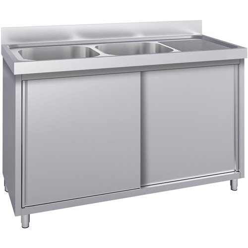 Commercial Stainless Steel Sink with Cupboard &amp Splashback 2 Bowls Left Side 1500x600x850mm | Stalwart DA-QNH1008