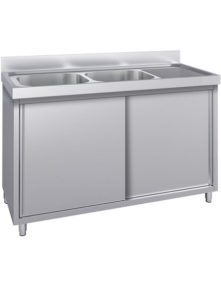 Commercial Stainless Steel Sink with Cupboard &amp Splashback 2 Bowls Left Side 1500x600x850mm | Stalwart DA-QNH1008