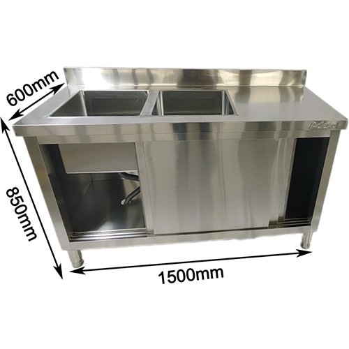 Commercial Stainless Steel Sink with Cupboard &amp Splashback 2 Bowls Left Side 1500x600x850mm | Stalwart DA-QNH1008