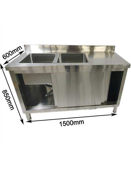 Commercial Stainless Steel Sink with Cupboard &amp Splashback 2 Bowls Left Side 1500x600x850mm | Stalwart DA-QNH1008