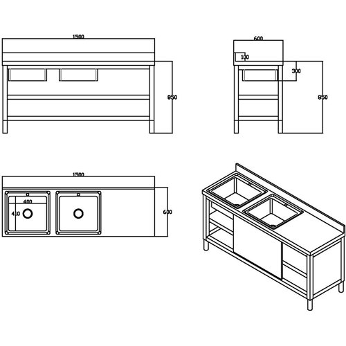Commercial Stainless Steel Sink with Cupboard &amp Splashback 2 Bowls Left Side 1500x600x850mm | Stalwart DA-QNH1008