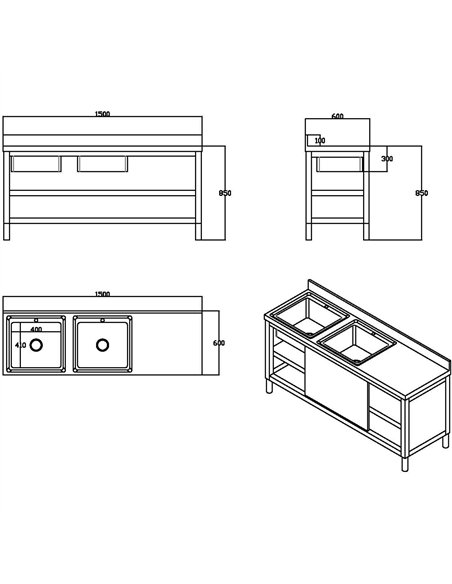 Commercial Stainless Steel Sink with Cupboard &amp Splashback 2 Bowls Left Side 1500x600x850mm | Stalwart DA-QNH1008
