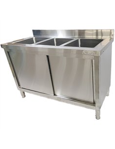 Commercial Stainless Steel Sink with Cupboard &amp Splashback 3 Bowls 1500x600x850mm | Stalwart DA-QNH1010