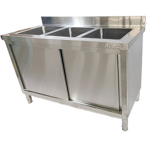 Commercial Stainless Steel Sink with Cupboard &amp Splashback 3 Bowls 1500x600x850mm | Stalwart DA-QNH1010