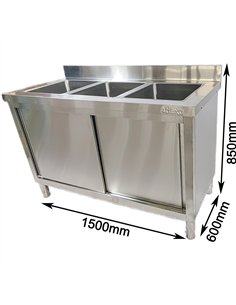 Commercial Stainless Steel Sink with Cupboard &amp Splashback 3 Bowls 1500x600x850mm | Stalwart DA-QNH1010 2