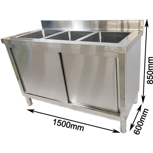 Commercial Stainless Steel Sink with Cupboard &amp Splashback 3 Bowls 1500x600x850mm | Stalwart DA-QNH1010