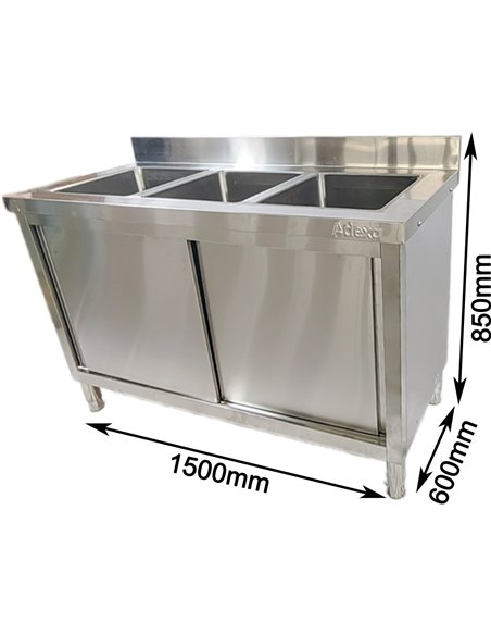 Commercial Stainless Steel Sink with Cupboard &amp Splashback 3 Bowls 1500x600x850mm | Stalwart DA-QNH1010