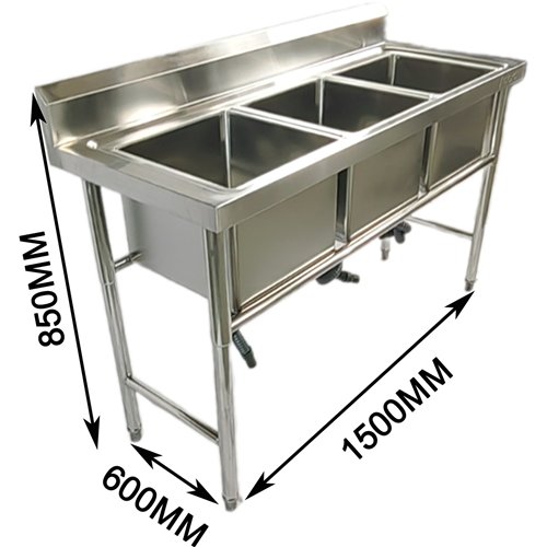Commercial Stainless Steel Triple Sink with Splashback and Stand 1500x600x850mm | Stalwart DA-QNH702