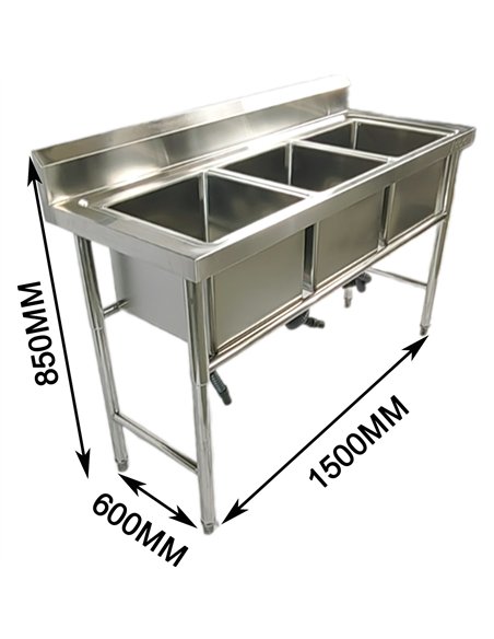 Commercial Stainless Steel Triple Sink with Splashback and Stand 1500x600x850mm | Stalwart DA-QNH702