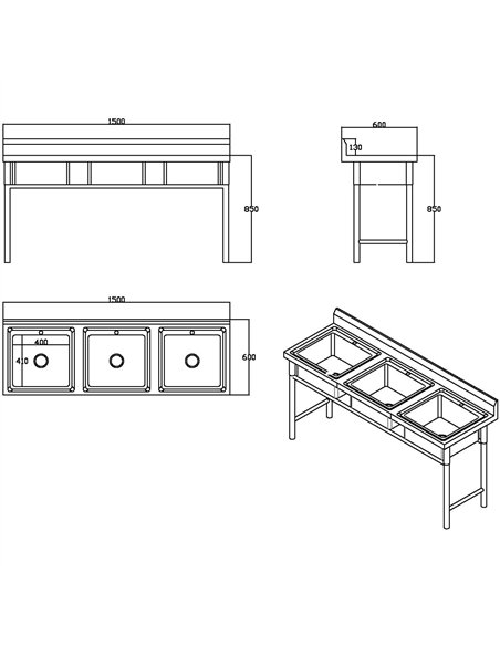 Commercial Stainless Steel Triple Sink with Splashback and Stand 1500x600x850mm | Stalwart DA-QNH702