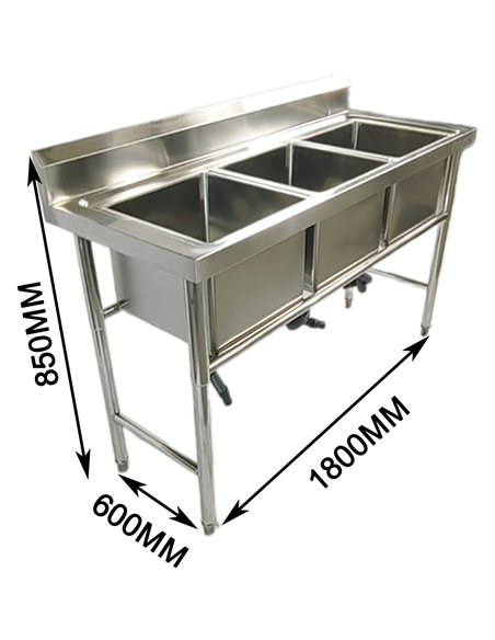 Commercial Stainless Steel Triple Sink with Splashback and Stand 1800x600x850mm | Stalwart DA-QNH704
