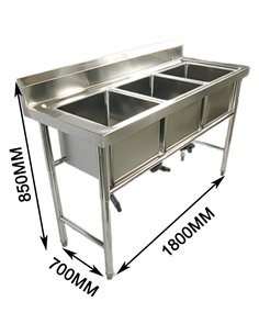 Commercial Stainless Steel Triple Sink with Splashback and Stand 1800x700x850mm | Stalwart DA-QNH708 2
