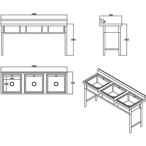 Commercial Stainless Steel Triple Sink with Splashback and Stand 1800x700x850mm | Stalwart DA-QNH708