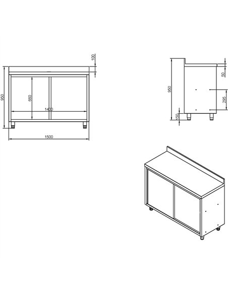 Commercial Stainless Steel Sliding Door Work Table Cabinet with Shelf and Backsplash 1500x600x950mm | Stalwart DA-QNH804