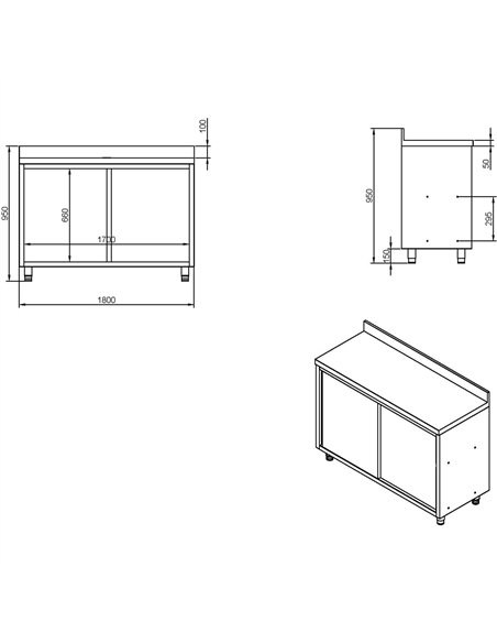 Commercial Stainless Steel Sliding Door Work Table Cabinet with Shelf and Backsplash 1800x600x950mm | Stalwart DA-QNH806