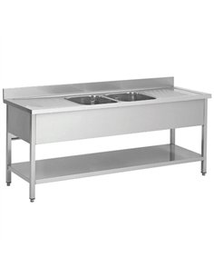 Commercial Sink Stainless Steel 2 Bowls Bottom Shelf Splashback 1800x600x950 | Stalwart DA-YLS186BM2
