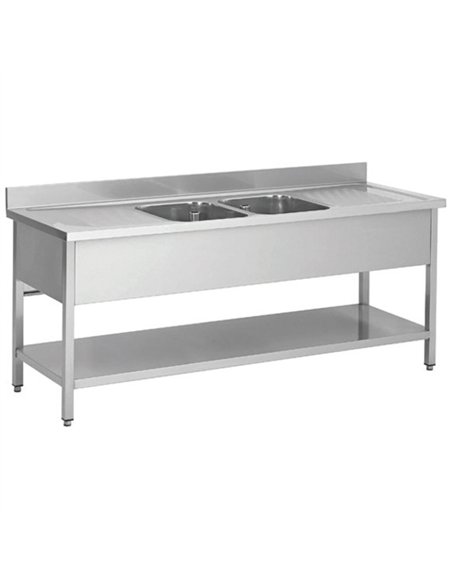 Commercial Sink Stainless Steel 2 Bowls Bottom Shelf Splashback 2000x600x950 | Stalwart DA-YLS206BM2