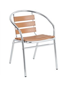 Bistro Dining Chair with Armrests Aluminium Frame Faux Wood Slats Indoors &amp Outdoors | Stalwart DA-SC017W