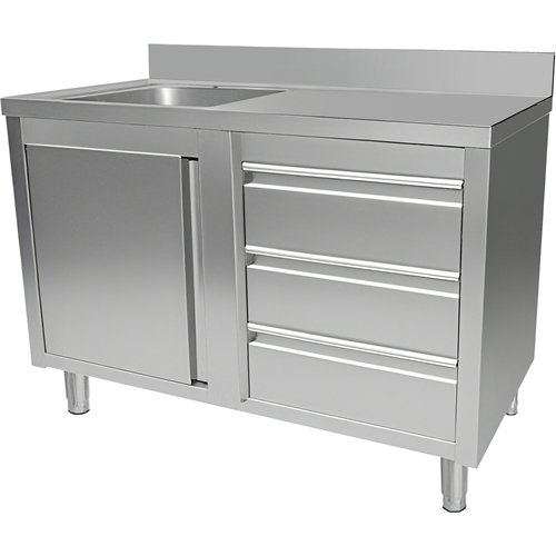 Commercial Sink with Cupboard and 3 Drawers Stainless Steel 1 Bowl Left Splashback 1200x600x950mm | Stwalwart DA-VSC126LBS3RD