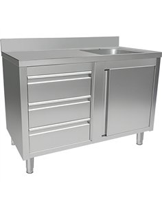 Commercial Sink with Cupboard and 3 Drawers Stainless Steel 1 Bowl Right Splashback 1200x600x950mm | Stwalwart DA-VSC126RBS3LD