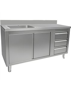 Commercial Sink with Cupboard and 3 Drawers Stainless Steel 1 Bowl Left Splashback 1500x600x950mm | Stwalwart DA-VSC156LBS3RD