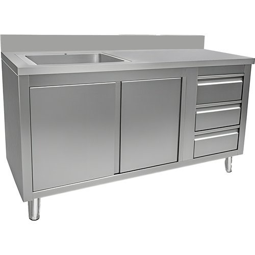 Commercial Sink with Cupboard and 3 Drawers Stainless Steel 1 Bowl Left Splashback 1500x600x950mm | Stwalwart DA-VSC156LBS3RD