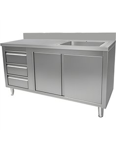Commercial Sink with Cupboard and 3 Drawers Stainless Steel 1 Bowl Right Splashback 1500x600x950mm | Stwalwart DA-VSC156RBS3LD