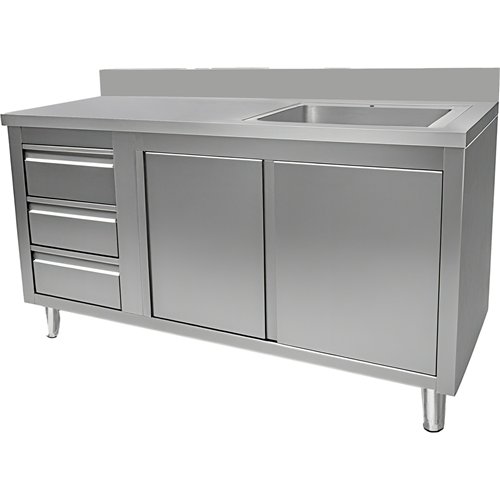 Commercial Sink with Cupboard and 3 Drawers Stainless Steel 1 Bowl Right Splashback 1500x600x950mm | Stwalwart DA-VSC156RBS3LD