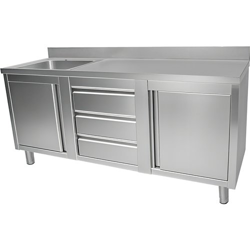 Commercial Sink with 2 Cupboards and 3 Drawers Stainless Steel 1 Bowl Left Splashback 1800x600x950mm | Stwalwart DA-VSC186LBS3MD