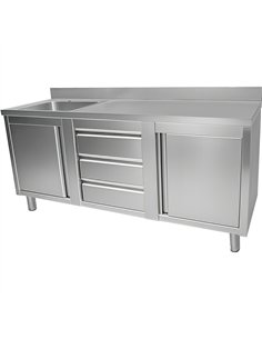 Commercial Sink with 2 Cupboards and 3 Drawers Stainless Steel 1 Bowl Left Splashback 2100x600x950mm | Stwalwart DA-VSC216LBS3MD