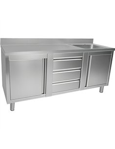 Commercial Sink with 2 Cupboards and 3 Drawers Stainless Steel 1 Bowl Right Splashback 2100x600x950mm | Stwalwart DA-VSC216RBS3M