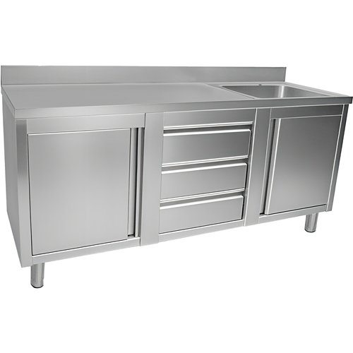Commercial Sink with 2 Cupboards and 3 Drawers Stainless Steel 1 Bowl Right Splashback 2100x600x950mm | Stwalwart DA-VSC216RBS3M