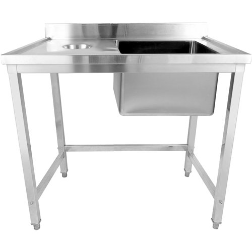 Commercial Stainless Steel Single Sink with Right Bowl &amp Left Scrapping Hole + Splashback 1000x600x950mm | Stwalwart DA-WHSTD