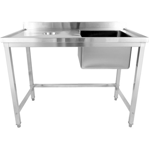 Commercial Stainless Steel Single Sink with Left Bowl &amp Right Scrapping Hole + Splashback 1200x600x950mm | Stwalwart DA-WHSTD