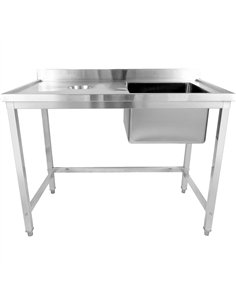 Commercial Stainless Steel Single Sink with Right Bowl &amp Left Scrapping Hole + Splashback 1200x600x950mm | Stwalwart DA-WHSTD