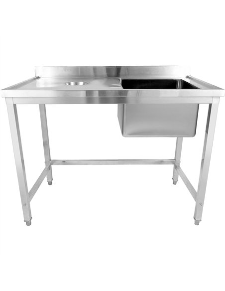 Commercial Stainless Steel Single Sink with Right Bowl &amp Left Scrapping Hole + Splashback 1200x600x950mm | Stwalwart DA-WHSTD