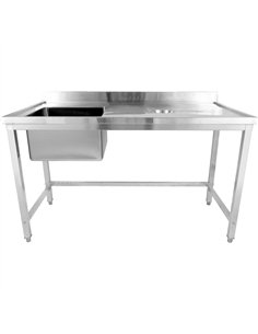 Commercial Stainless Steel Single Sink with Left Bowl &amp Right Scrapping Hole + Splashback 1400x700x950mm | Stwalwart DA-WHSTD