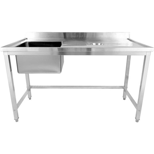 Commercial Stainless Steel Single Sink with Left Bowl &amp Right Scrapping Hole + Splashback 1400x700x950mm | Stwalwart DA-WHSTD