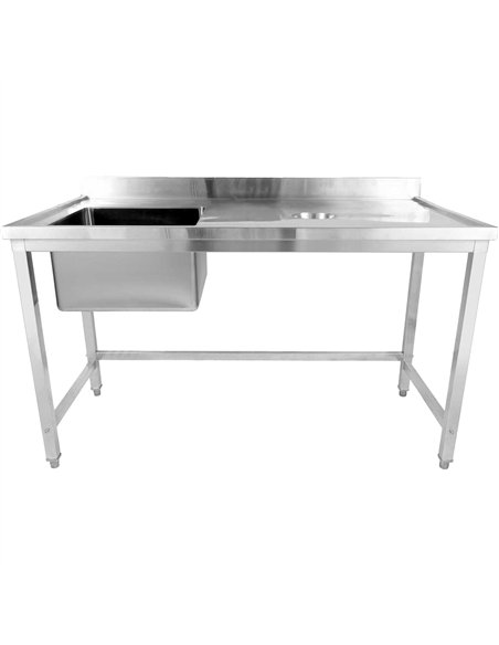 Commercial Stainless Steel Single Sink with Left Bowl &amp Right Scrapping Hole + Splashback 1400x700x950mm | Stwalwart DA-WHSTD