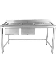Commercial Stainless Steel Double Sink with 2 Left Bowls &amp Right Scrapping Hole + Splashback 1500x700x950mm | Stwalwart DA-WH