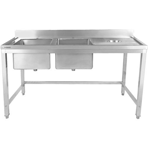 Commercial Stainless Steel Double Sink with 2 Left Bowls &amp Right Scrapping Hole + Splashback 1500x700x950mm | Stwalwart DA-WH