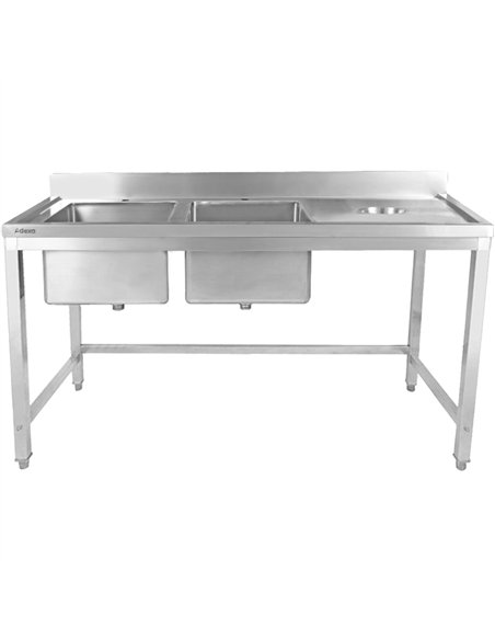 Commercial Stainless Steel Double Sink with 2 Left Bowls &amp Right Scrapping Hole + Splashback 1500x700x950mm | Stwalwart DA-WH