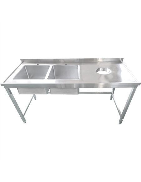Commercial Stainless Steel Double Sink with 2 Left Bowls &amp Right Scrapping Hole + Splashback 1500x700x950mm | Stwalwart DA-WH