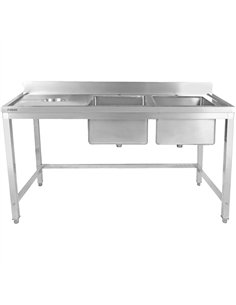 Commercial Stainless Steel Double Sink with 2 Right Bowls &amp Left Scrapping Hole + Splashback 1500x700x950mm | Stwalwart DA-WH