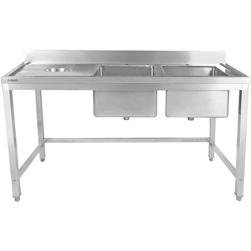 Commercial Stainless Steel Double Sink with 2 Right Bowls &amp Left Scrapping Hole + Splashback 1500x700x950mm | Stwalwart DA-WH