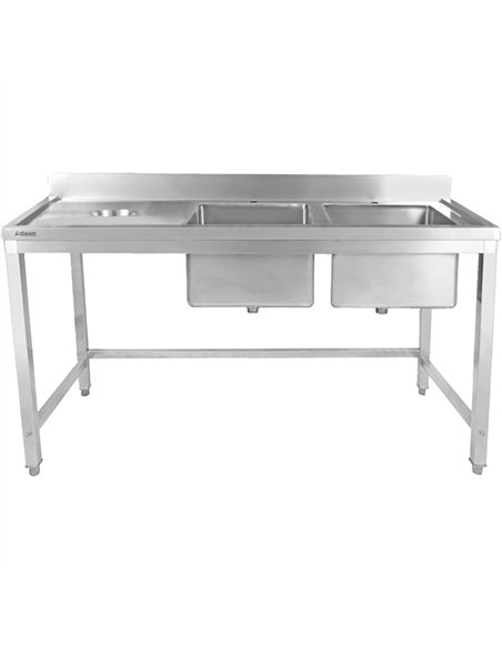Commercial Stainless Steel Double Sink with 2 Right Bowls &amp Left Scrapping Hole + Splashback 1500x700x950mm | Stwalwart DA-WH