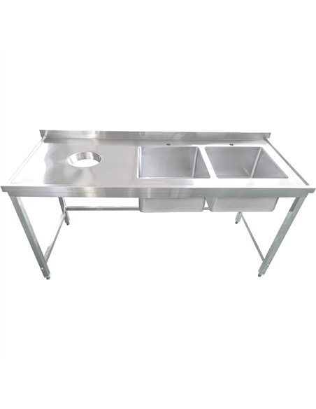 Commercial Stainless Steel Double Sink with 2 Right Bowls &amp Left Scrapping Hole + Splashback 1500x700x950mm | Stwalwart DA-WH