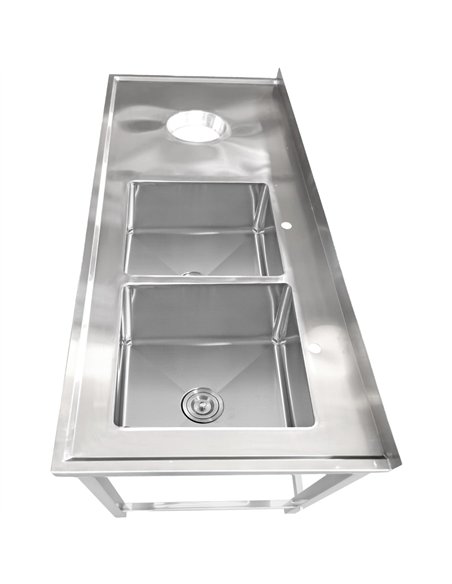 Commercial Stainless Steel Double Sink with 2 Right Bowls &amp Left Scrapping Hole + Splashback 1500x700x950mm | Stwalwart DA-WH